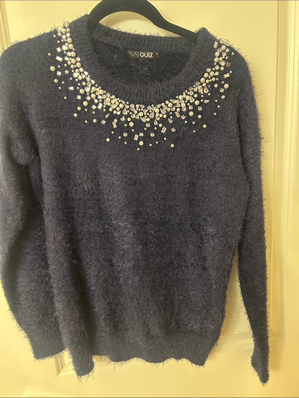 Quiz Navy Fuzzy Crewneck Sweater with Gem Embellishment